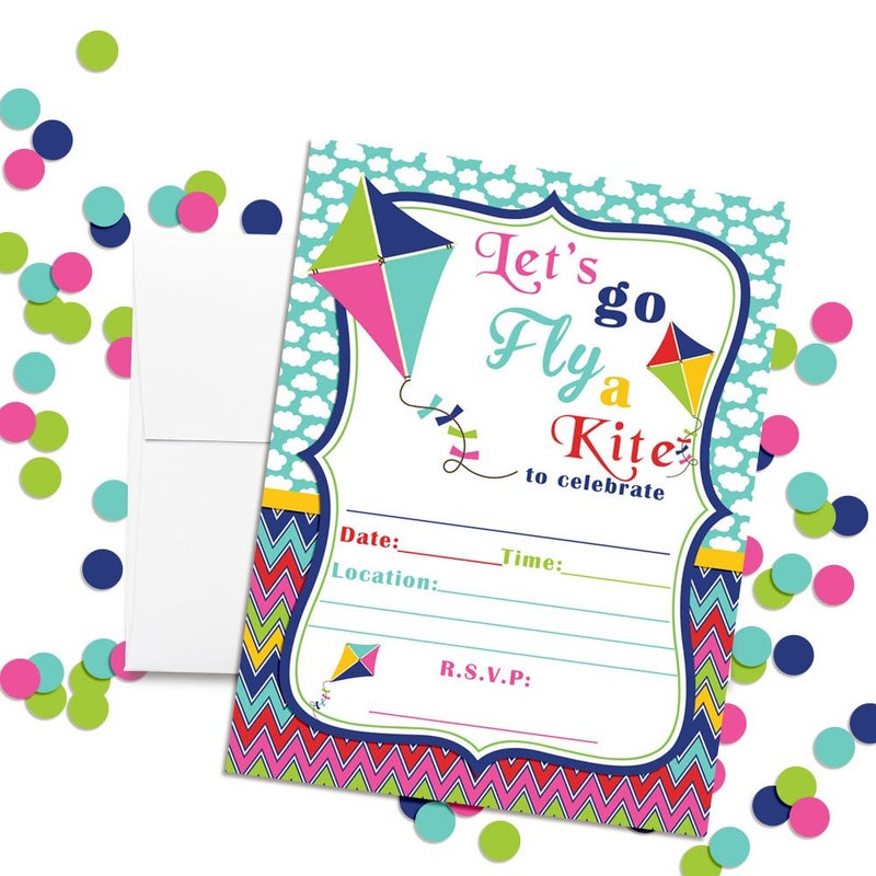 Amanda Creation Kite Flying Birthday Party Fill In Invitations set of 20 Cards and Envelopes. - Image 2